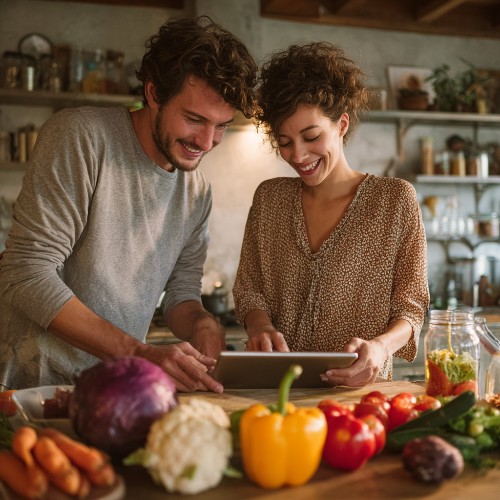 Молода пара готує здорову їжу разом на кухні, посміхаючись та дотримуючись рецептів з планшета